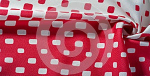 Texture background pattern. silk fabric with a pattern of red squares on a white background. This is a heavy square 100% polyester