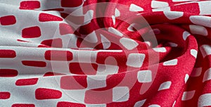 Texture background pattern. silk fabric with a pattern of red squares on a white background. This is a heavy square 100% polyester
