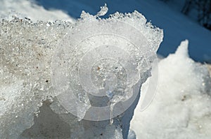 Texture, background, pattern. The spring snow melts. The beginning of a warm season, spring. Melting snow on the ground in the ci