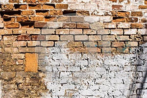 Texture of battered, dirty and old brick wall and floor of various colors