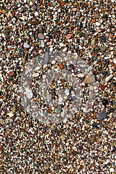 The texture of the beach with coarse sand. The texture of the pebble beach. Background of small pebbles on the beach. Wet pebbles