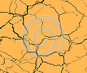 Texture black cracks on the ground, drought. Vector design element on isolated yellow background.
