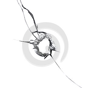 Texture of broken glass, hole in the window, cracks isolated on white background