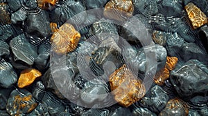 Texture of a bubbling brooks surface rippled and rippling with agitated water and smooth stones photo