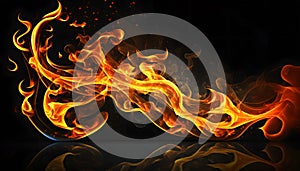 Texture of burn fire with particles embers. Flames on isolated black background.