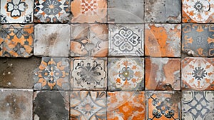 Texture of ceramic tiles in oriental style. Portugal ceramic tiles laid out on the wall. Wall ceramic porcelain tiles