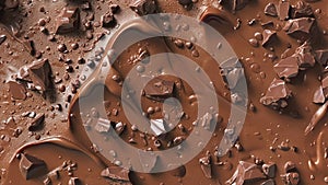 Texture of chocolate ice cream with chocolate pieces and chocolate chips, 3D rendering, top view