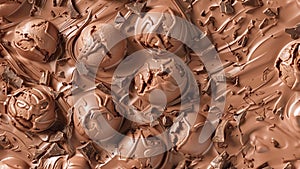 Texture of chocolate ice cream with chocolate pieces and chocolate chips, 3D rendering, top view