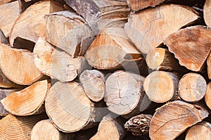 The texture of chopped firewood close-up. Harvesting firewood