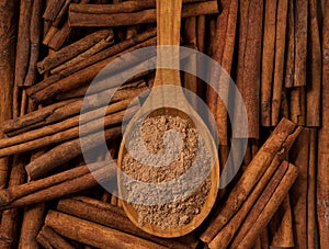 Texture of cinnamon sticks and wooden spoon macro shot