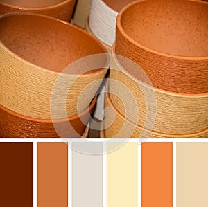 Texture of clay floralpots, colour palette swatches.