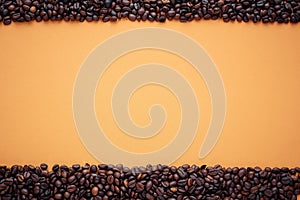 Texture, coffee bean frame on orange background, space for text