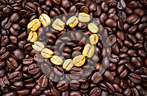 texture of coffee beans. black coffee, heart shape