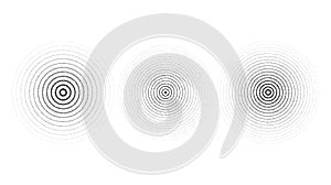 Texture concentric ripple circles set. Sonar or sound wave rings collection. Epicentre, target, radar icon concept