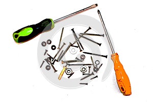 Texture of construction nails and screwdrivers.