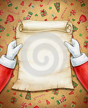 Santa Claus reading letter,  Christmas card. Watercolor illustration