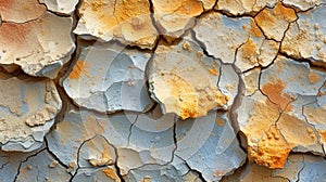 Texture of cracked and parched earth revealing layers of dry clay and sand in the scorching heat of summer