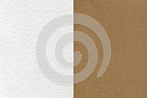 Texture of craft white and brown paper background, half two colors, macro. Structure of vintage dark beige cardboard