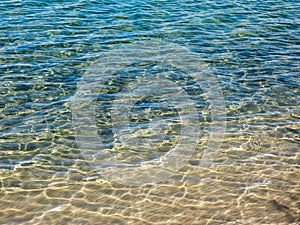 Texture of crystal clear light blue and turquoise transparent water with fine white sand base with bright reflection of sun in