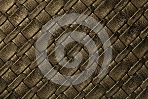 Texture of dark brown and bronze leather background with wicker pattern, macro