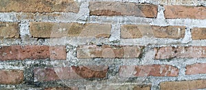 The texture of the dark red brick wall background is dark red brick wall, taken from a close-up