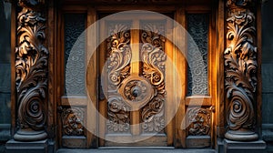 Texture of delicate light peeking through the intricately carved details of a wooden door highlighting the curves and