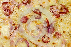 Texture of delicious fresh pizza with sausage, red onion and cheese