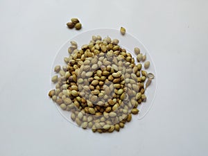 Texture of Dhaniya Seeds. Heap of a Coriander or Dhania Seeds isolated in a white Background