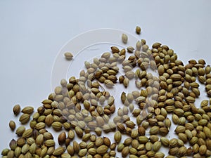 Texture of Dhaniya Seeds. Heap of a Coriander or Dhania Seeds isolated in a white Background