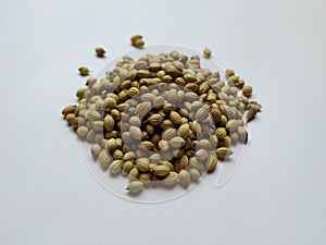 Texture of Dhaniya Seeds. Heap of a Coriander or Dhania Seeds isolated in a white Background