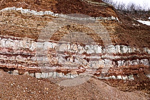 Texture of different layers of clay underground in  clay quarry after geological study of soil