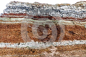 Texture of different layers of clay underground in  clay quarry after geological study of soil