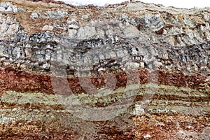 Texture of different layers of clay underground in  clay quarry after geological study of soil