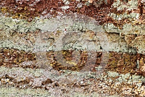 Texture of different layers of clay underground in  clay quarry after geological study of soil