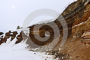 Texture of different layers of clay underground in  clay quarry after geological study of soil