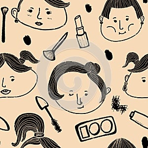 Texture doodles of girls and cosmetics, portraits. Cartoon style.