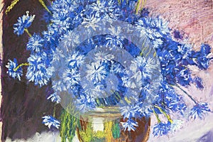 Texture. Drawing dry soft pastel on paper. Still life of cornflowers in a vase