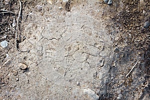 Texture of dry cracked ground with boot prints