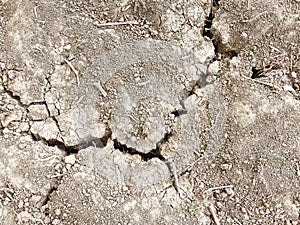 Texture of dry cracked soil due to global warming effect, aridity, drought. Top view. Nature background