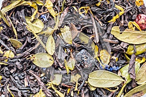 texture of dry herbal tea with berries and leaves of blueberries and cranberries, ingredient drink abstraction background