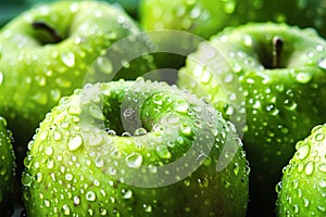 Texture of fresh large green apples covered with clean water drops, proper healthy eating photo