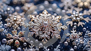 Texture of a glimmering snowflake surrounded by smaller snowflakes photo