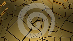 Texture with golden elements. Dark yellow background with cracked gold. 3D image. Broken metal surface close-up