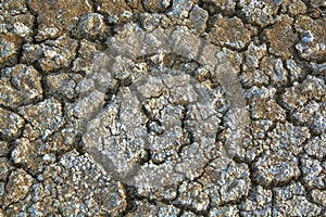 The texture and gray color of dried cracked soil with small stones. Background of deep cracks in the ground. A barren land