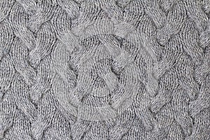 Texture of gray knitted fabric close up. Wool knitwear