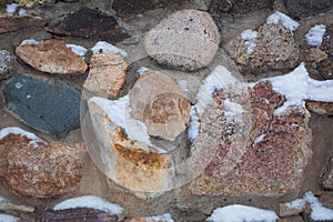 The texture is gray with a red stone wall with large stones, covered with snow.