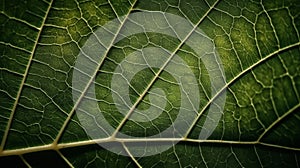 Texture of a green leaf with veins close-up sunny day. Generative AI