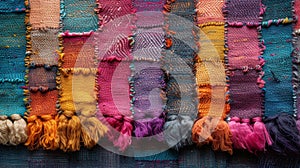 Texture of handwoven tapestry displaying a vibrant mix of colors and patterns that reflect the cultural heritage of the