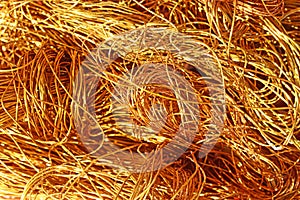 The texture of a heap of copper wire. Conductive metal electrical cable. Scrap metal and secondary raw materials