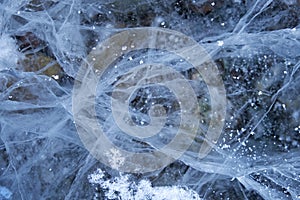 Texture of hoarfrost crystals over river ice. Natural winter snow background